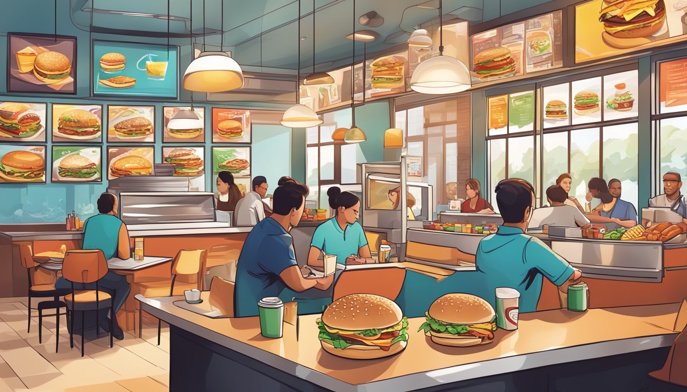 A bustling fast-food restaurant with a vibrant breakfast menu, surrounded by evolving marketing materials and branding elements