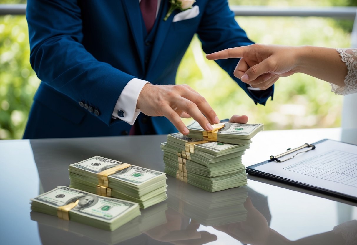 A groom's hand placing a stack of money on a table, while a wedding planner points to a list of expenses