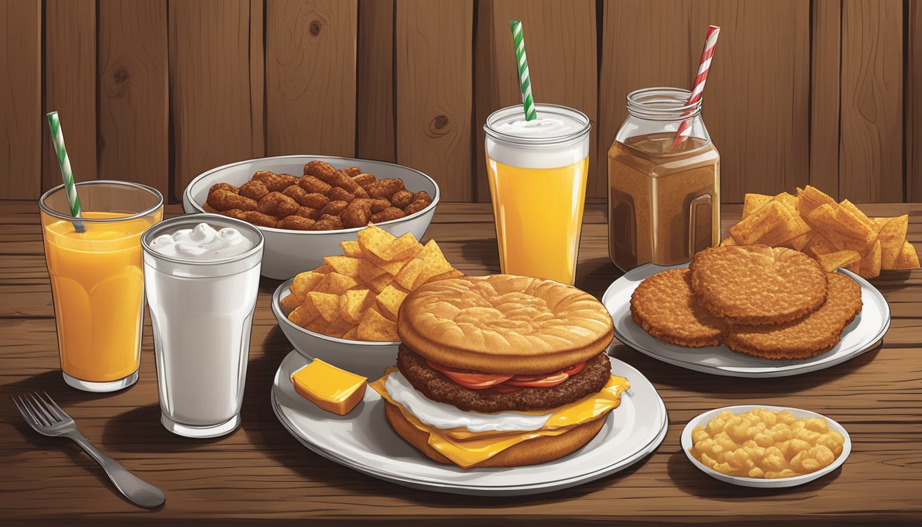 A spread of Hardee's breakfast items, including beverages and sides, arranged on a rustic wooden table with warm lighting