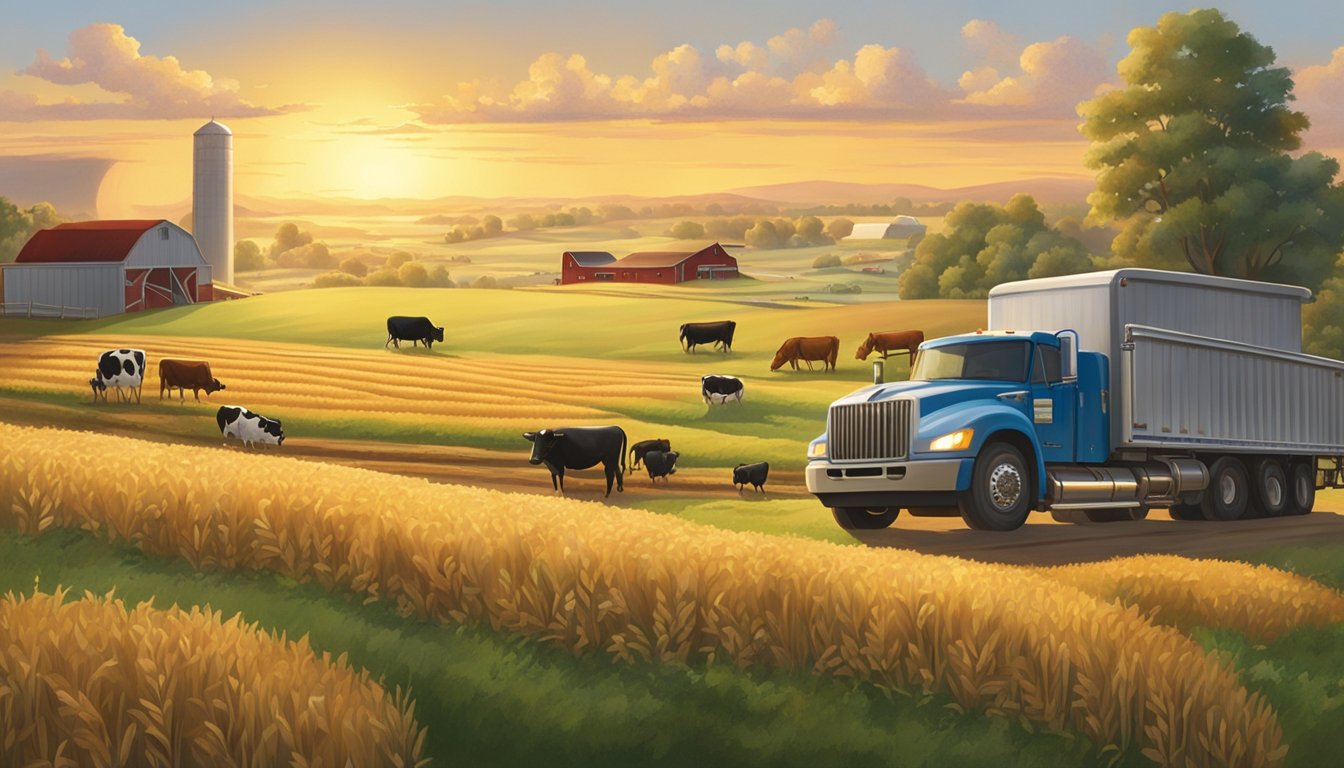 A sunrise over rolling farmland with fields of wheat, cows grazing, and a barn. Trucks transport produce to a Hardee's restaurant, where workers prepare breakfast sandwiches