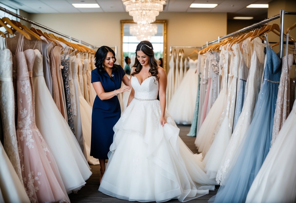 A bride-to-be surrounded by racks of wedding dresses, trying on gowns with the help of a consultant in a bustling bridal boutique