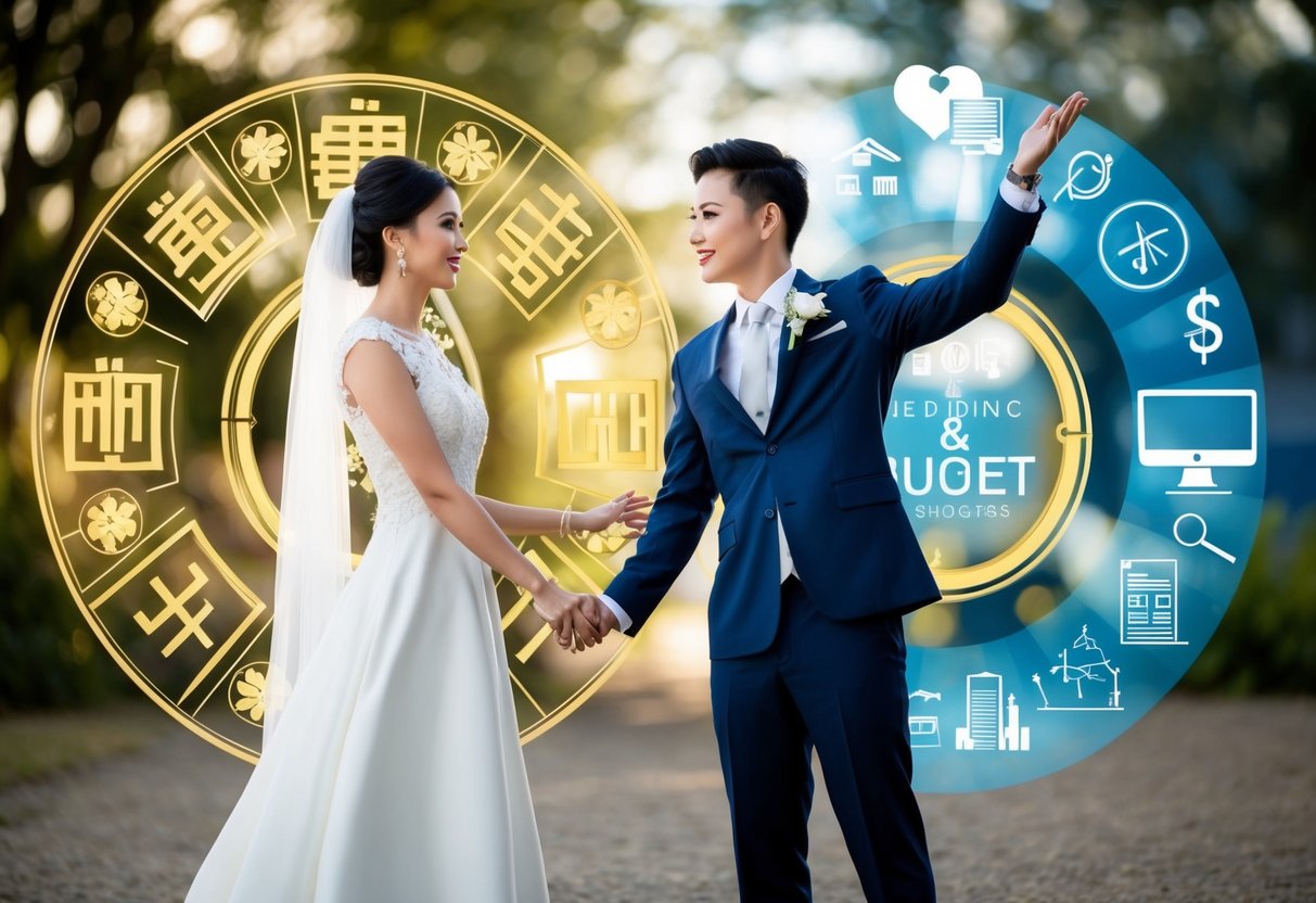 A bride and groom stand on opposite sides, one surrounded by traditional symbols and the other surrounded by modern symbols, both reaching for a wedding budget