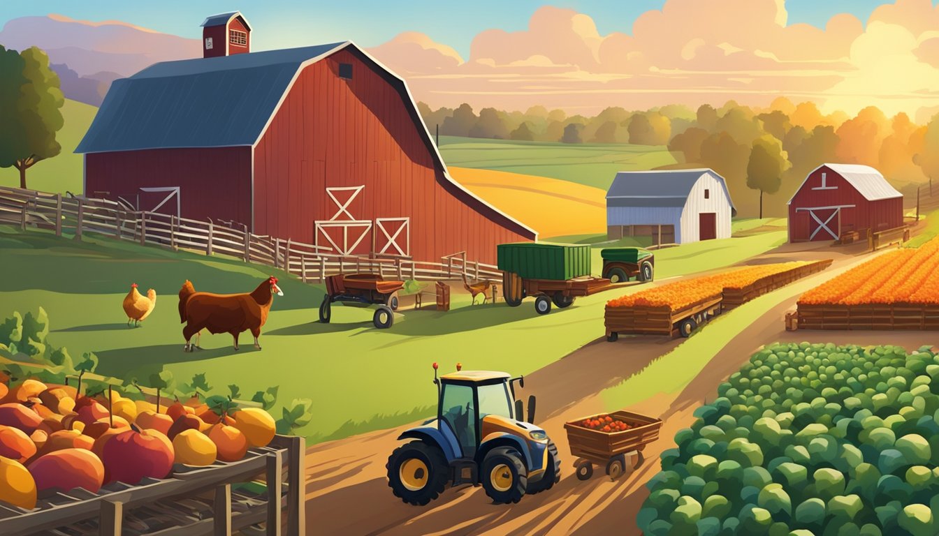 A colorful farm scene with rolling fields, barns, and a sunrise. A tractor pulls a trailer loaded with fresh produce, while chickens roam freely