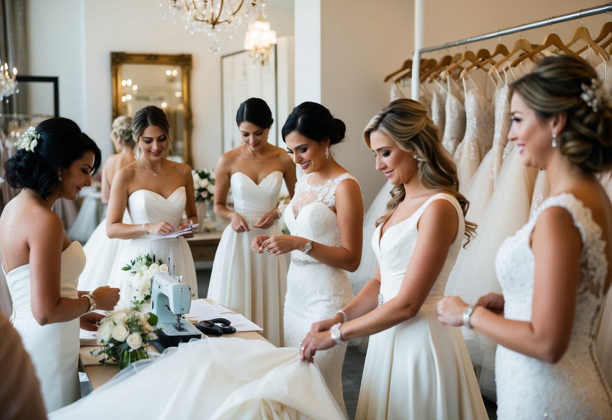 A wedding dress boutique bustling with activity as designers sketch, sew, and fit gowns in preparation for upcoming weddings