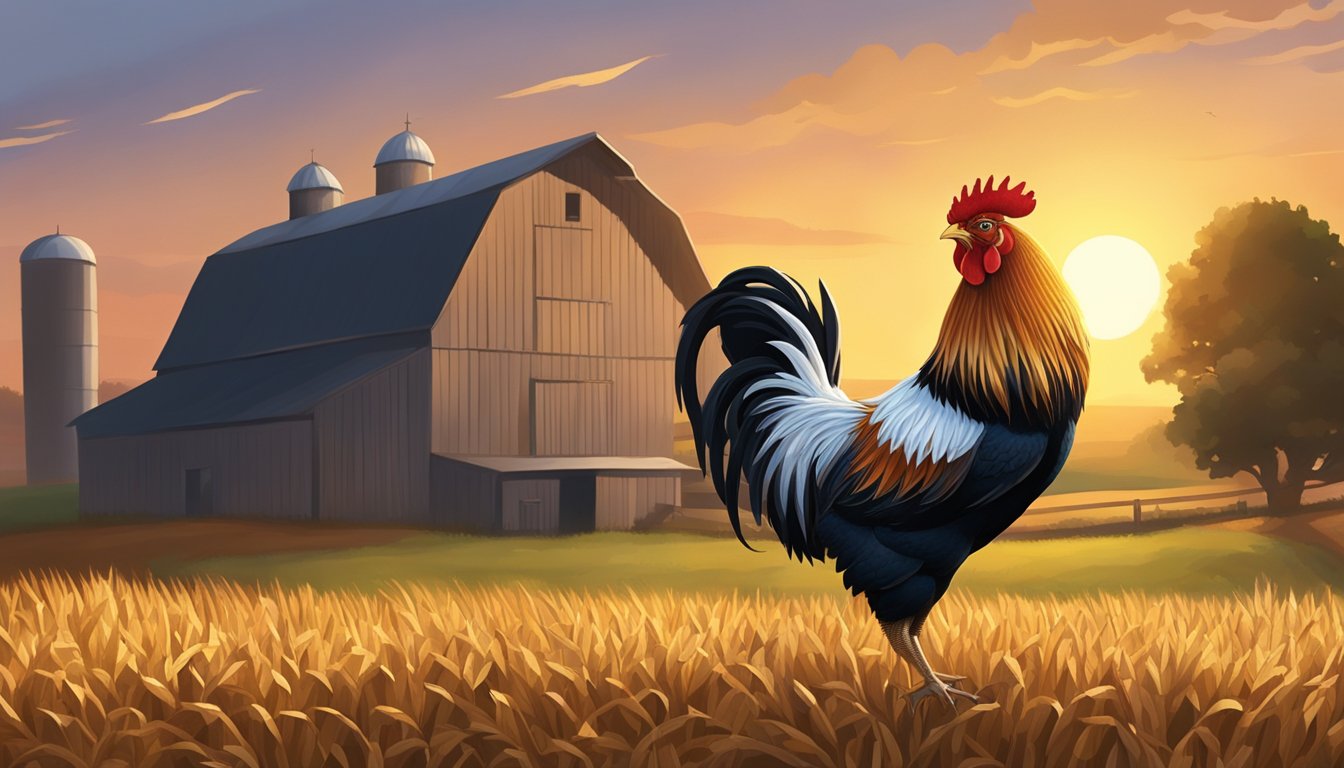 A rooster crowing at sunrise on a farm, with fields of wheat and corn in the background, and a barn in the distance