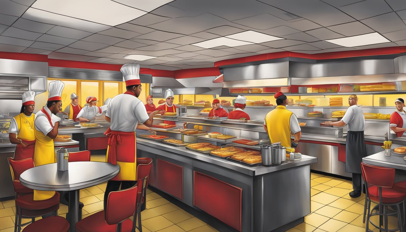 A bustling Hardee's restaurant at dawn, with chefs in the kitchen assembling breakfast sandwiches and employees donning the iconic red and yellow uniforms