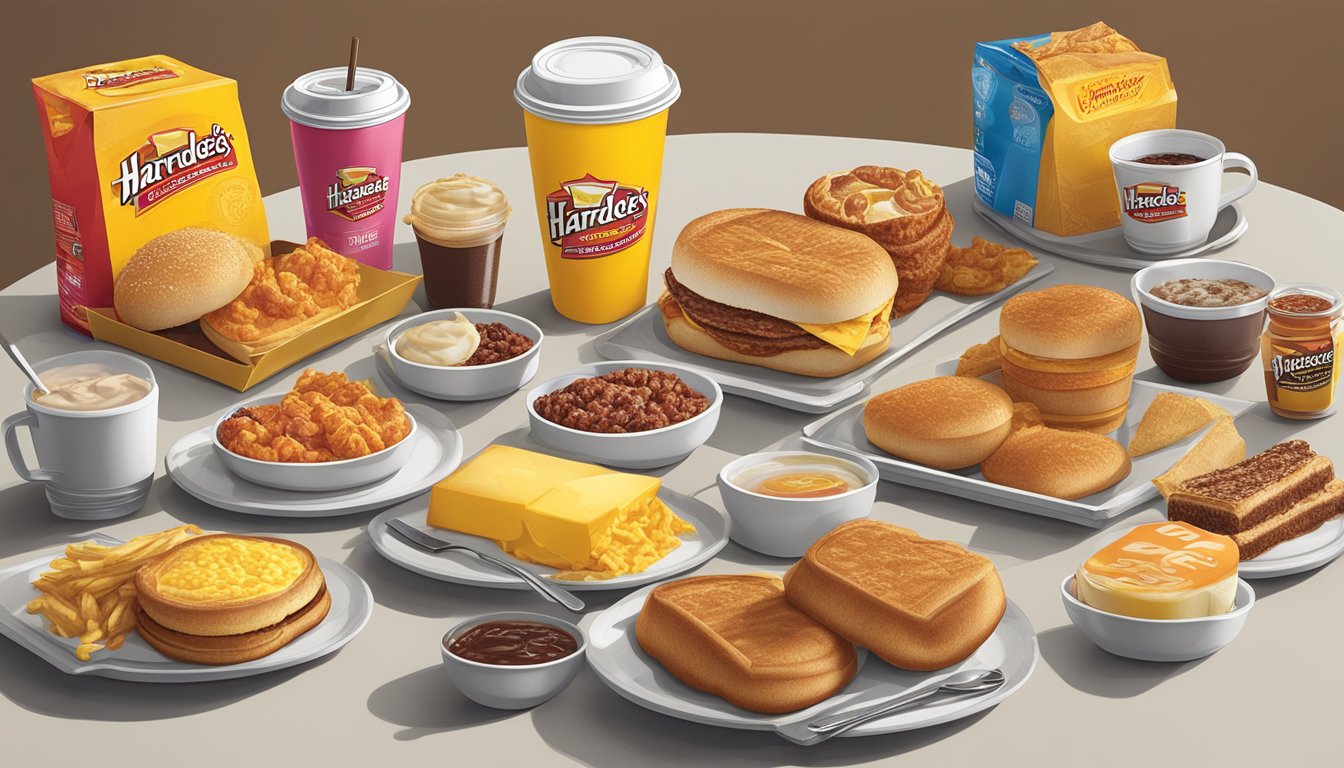 A spread of Hardee's breakfast items displayed on a table, with various packaging and promotional materials surrounding them