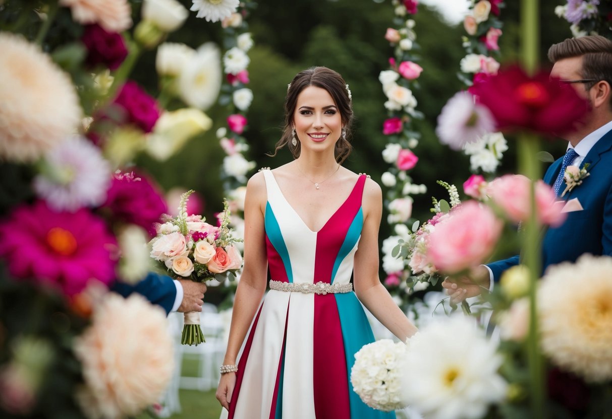 A woman in a dress matching the wedding colors, surrounded by flowers and decorations