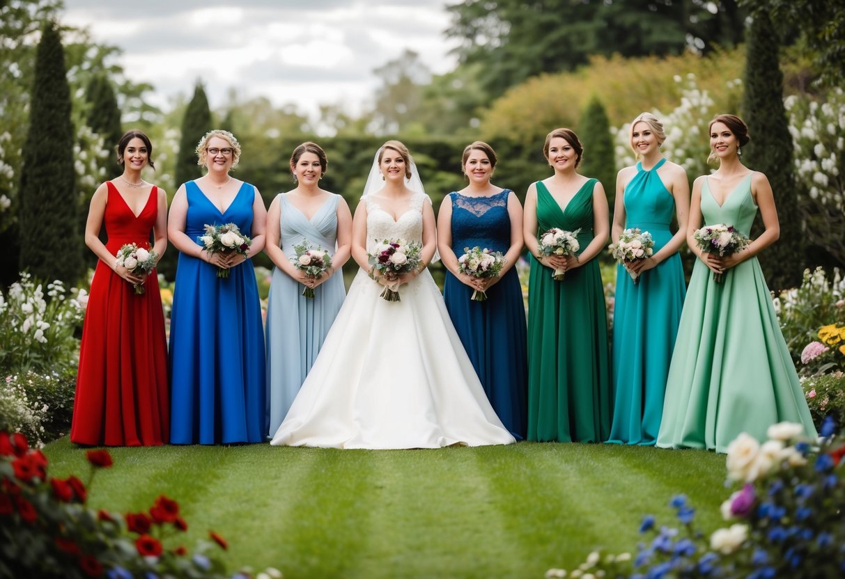 Brides in various colors of dresses, such as red, blue, and green, stand in a garden surrounded by flowers and trees