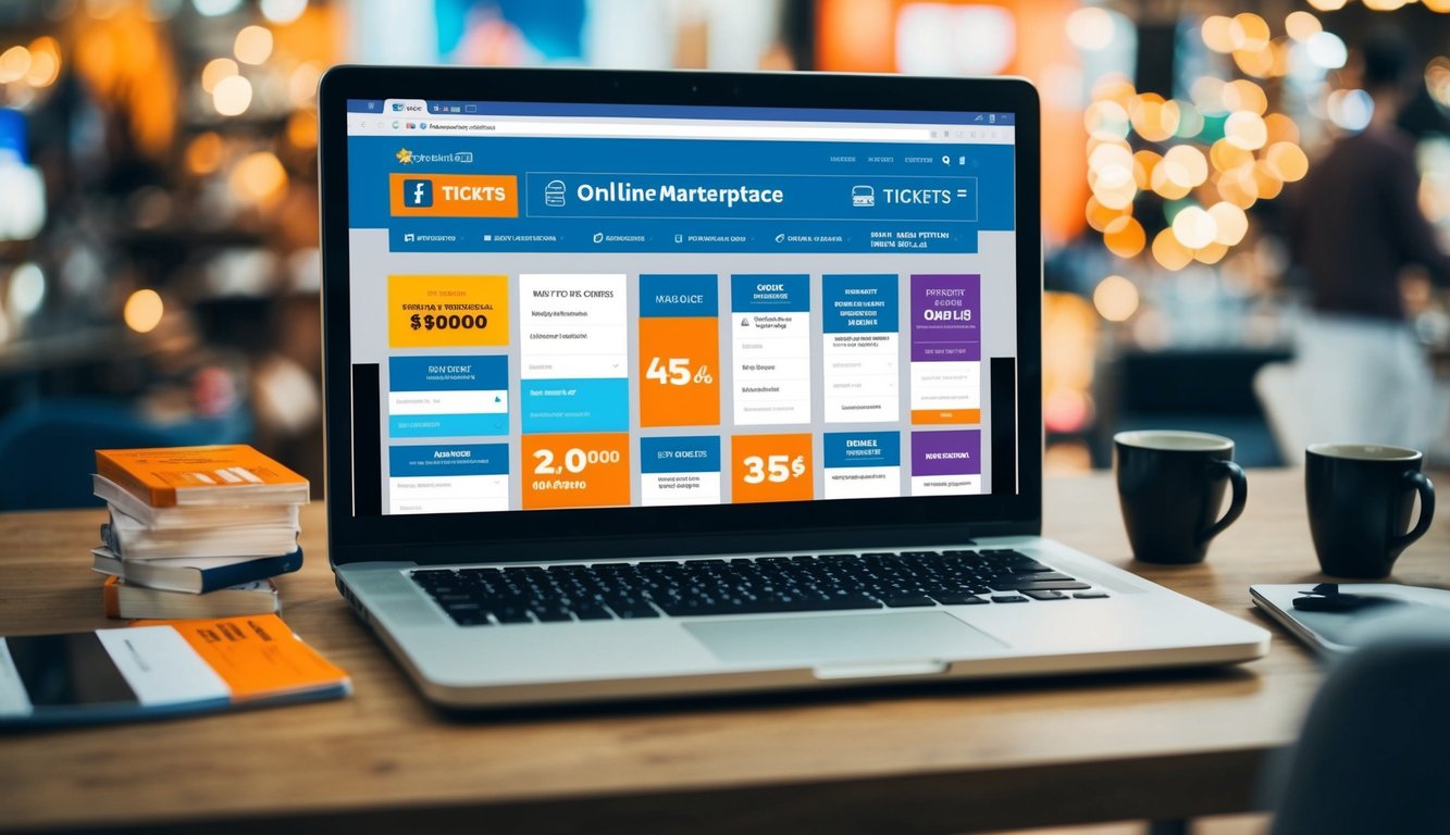 A bustling online marketplace with various ticket options and sellers
