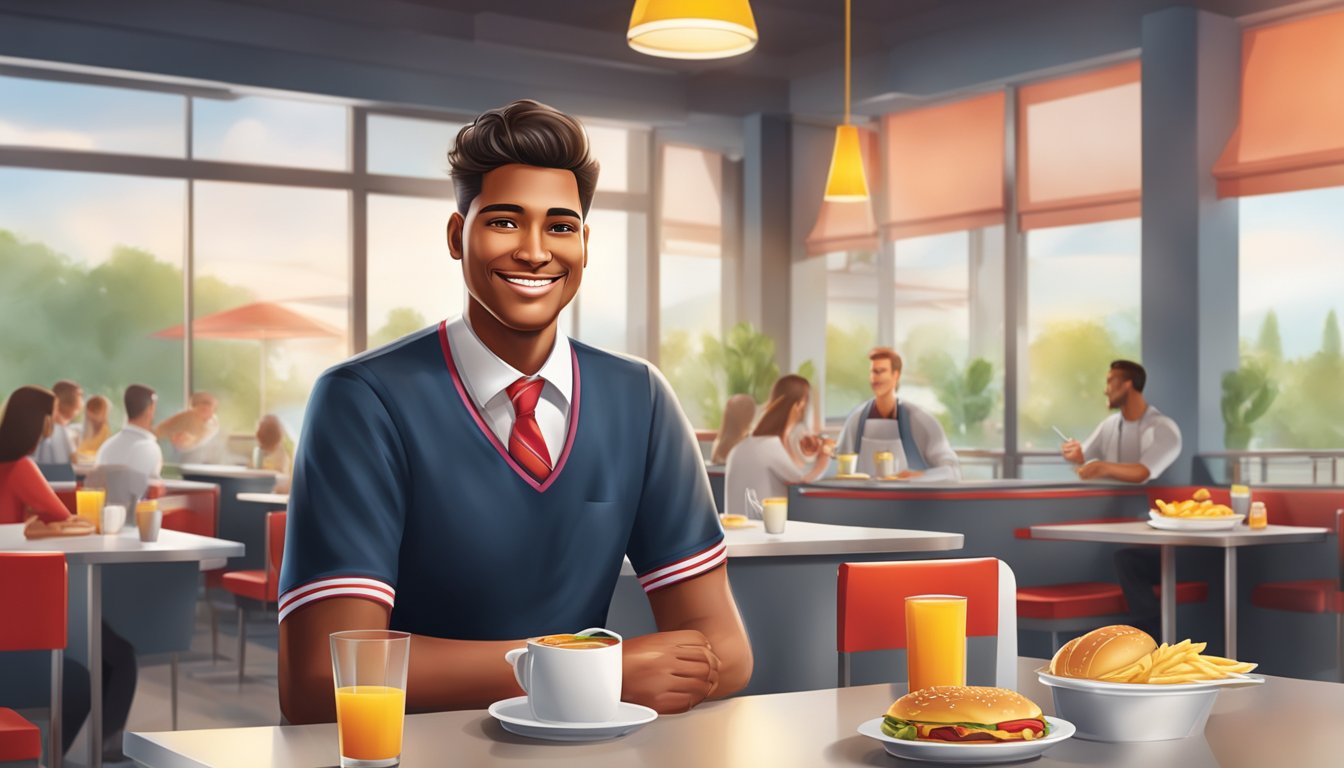 A Hardee's employee in a sleek, modern uniform serves breakfast items with a confident smile in a bright, welcoming restaurant setting