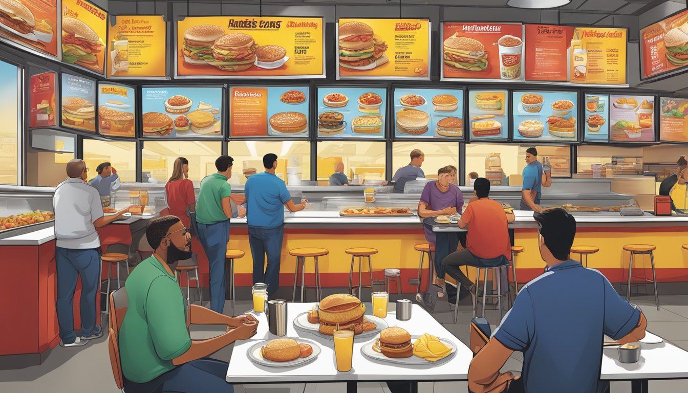 A bustling Hardee's breakfast scene with customers enjoying their meals, while a vibrant value proposition and pricing strategies are displayed on the menu boards