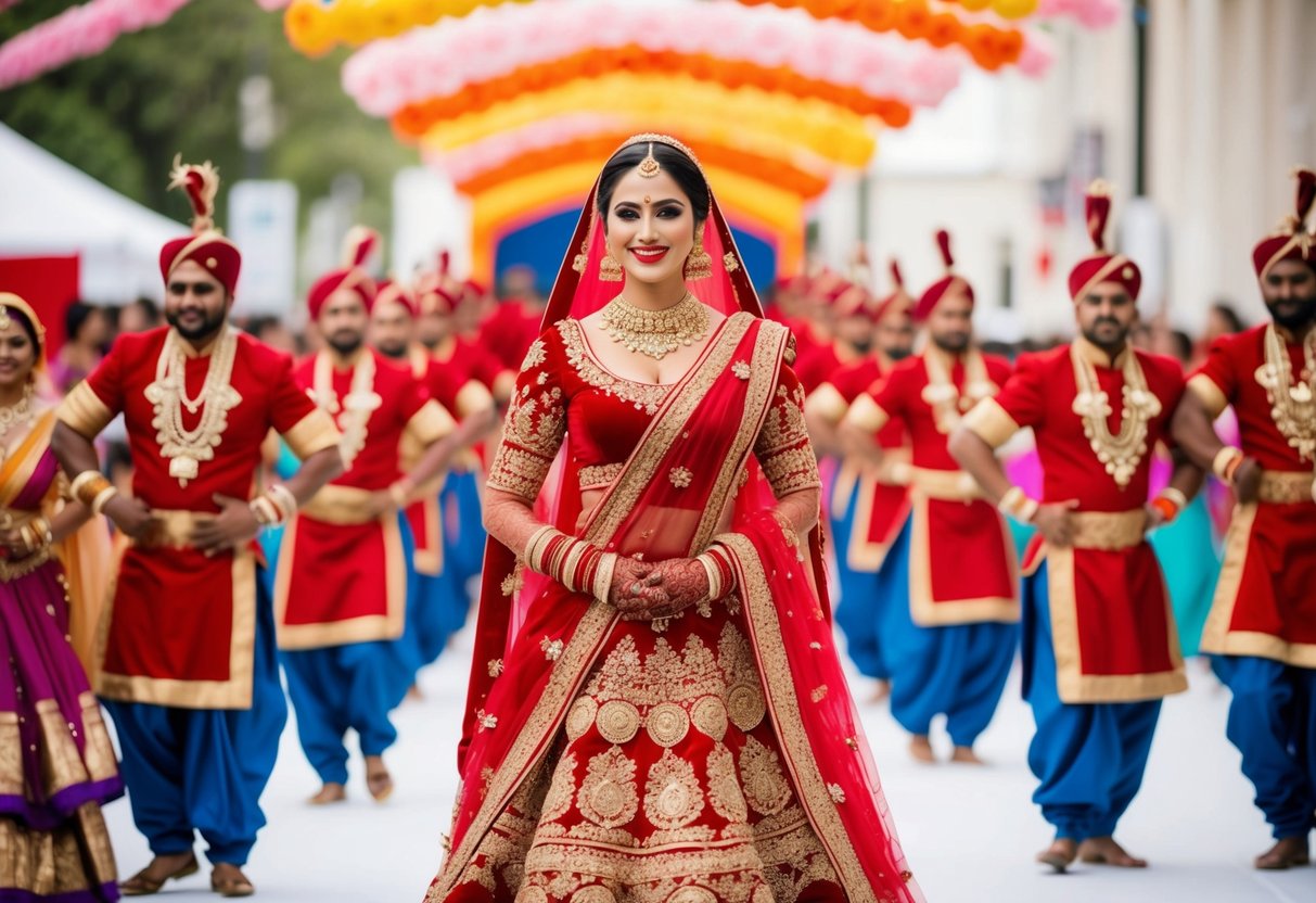 A bride in a rich red gown adorned with gold embroidery and jewels, surrounded by a vibrant procession of dancers and musicians