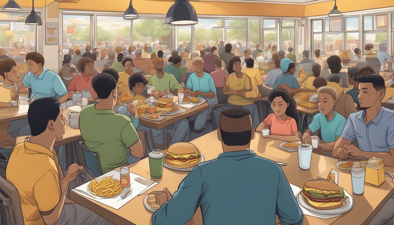 A crowded fast food restaurant with diverse customers enjoying Hardee's breakfast items, while a sociologist observes and takes notes on their eating habits