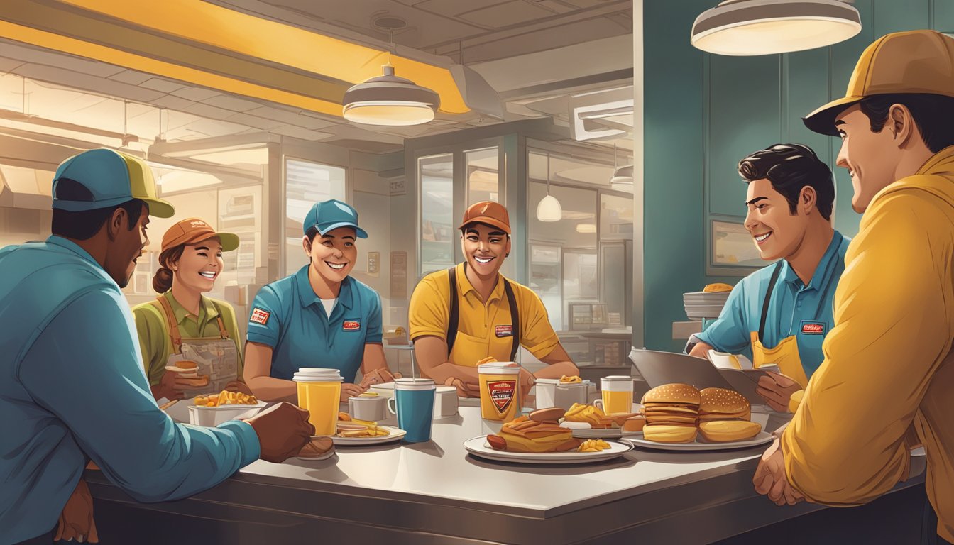 A group of Hardee's employees in uniform gather around a breakfast menu, discussing their options. The vibrant colors of the menu contrast with the neutral tones of their uniforms