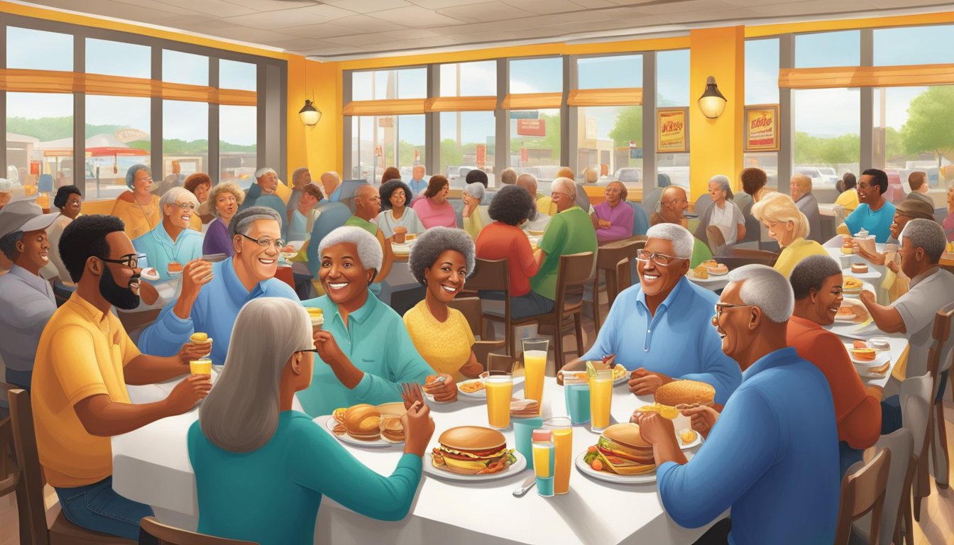 A bustling Hardee's breakfast crowd, diverse in age and ethnicity, enjoying their meals in a bright and inviting restaurant setting