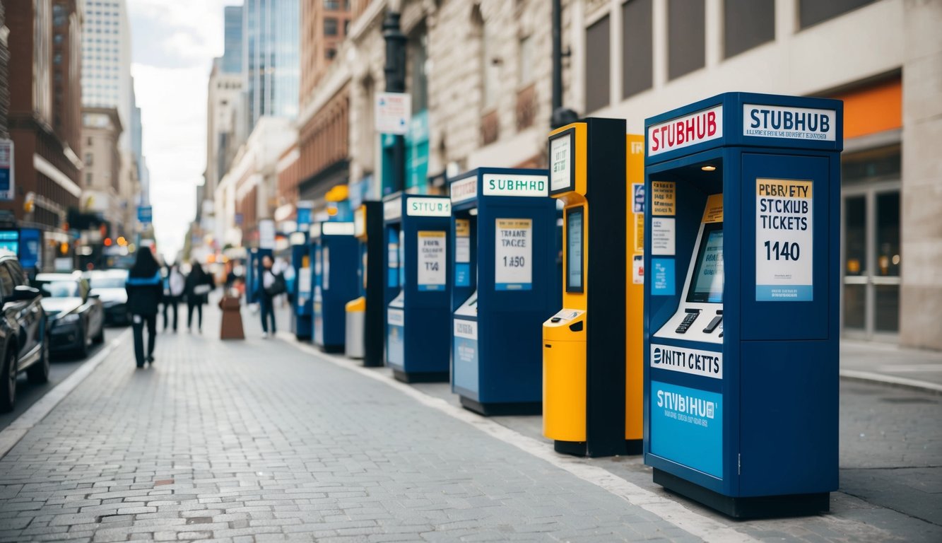 A bustling city street with a variety of ticket booths and kiosks, each offering an alternative to StubHub for event tickets