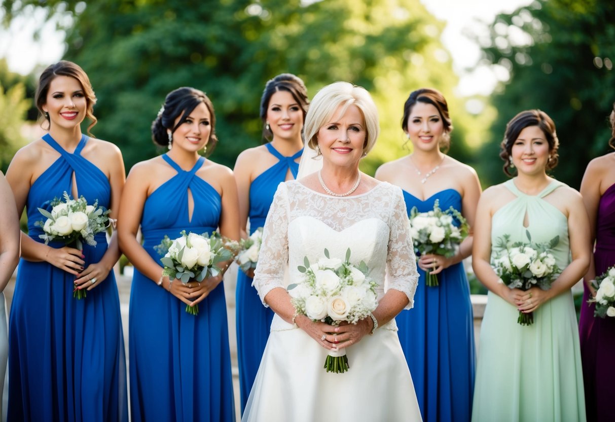 The mother of the bride stands among the bridal party, wearing a dress in the same color as the wedding theme