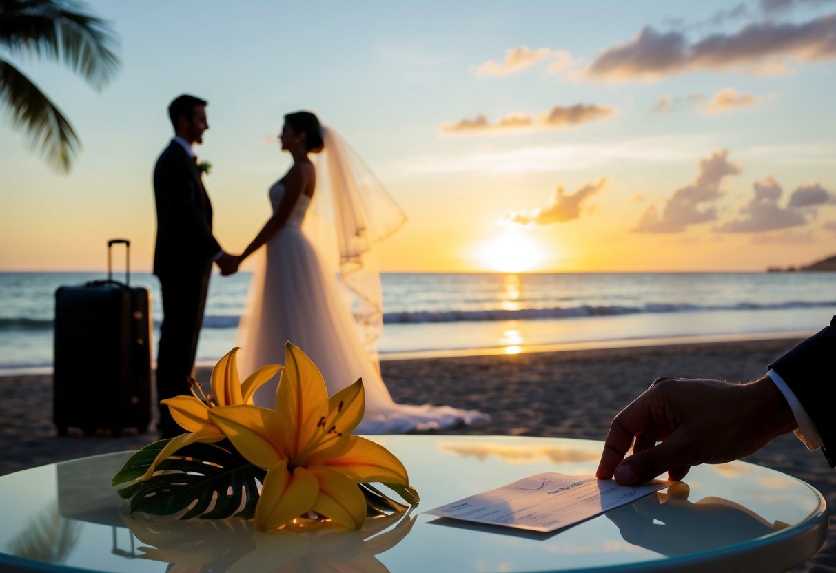 A groom and bride's silhouettes against a sunset beach, with a suitcase and tropical flowers, while a hand places a honeymoon ticket on a table