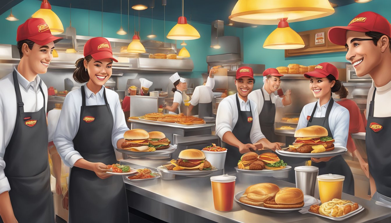 A group of Hardee's employees wearing uniform aprons and hats, serving breakfast items in a vibrant and bustling restaurant setting