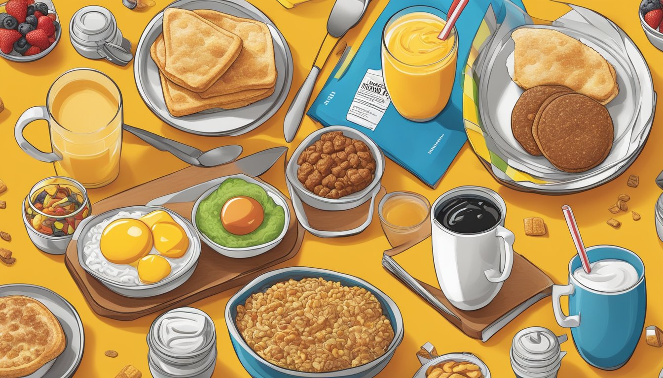 A colorful breakfast spread with Hardee's popular items and nutritional information displayed for analysis