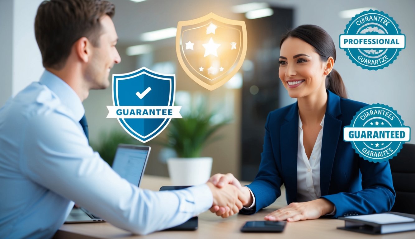 A customer service representative assisting a customer with a smile, surrounded by symbols of guarantees such as a shield and a handshake