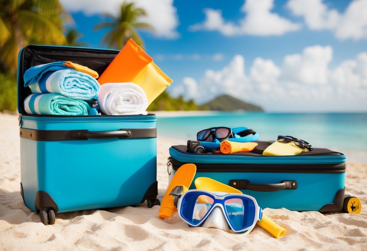A newlywed couple's suitcases overflowing with beach towels, sunscreen, and snorkeling gear, sitting next to a tropical beach backdrop