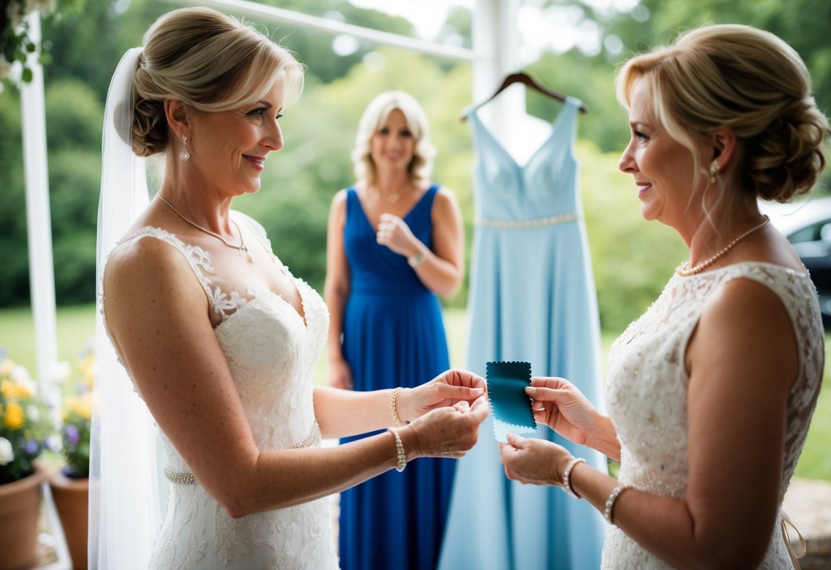 A mother of the bride holds a swatch of fabric next to the wedding dress, comparing colors under natural light