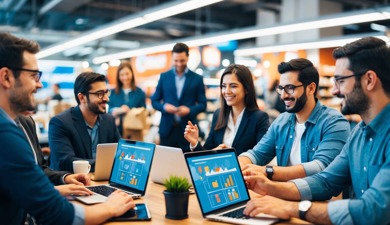 A bustling online marketplace with sellers and buyers interacting, featuring value-added features