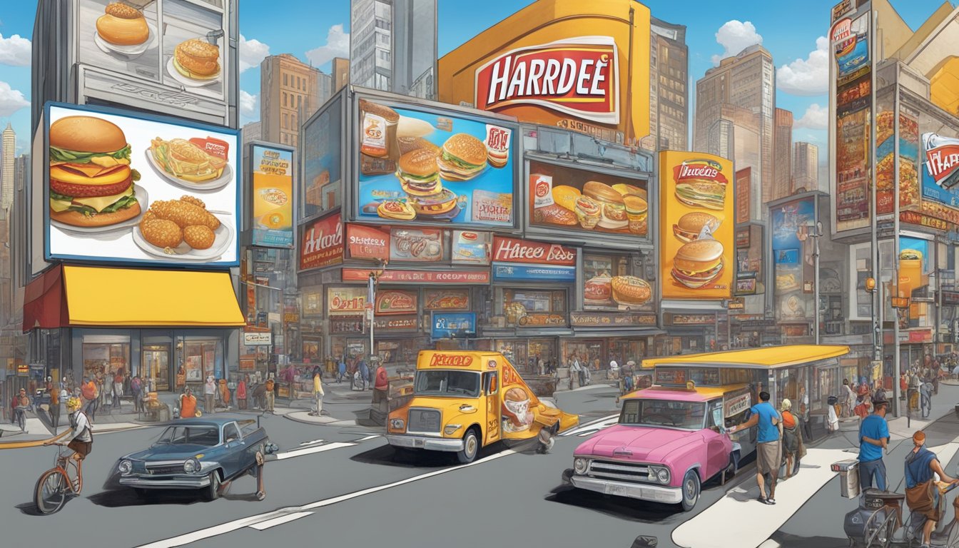 A bustling city street with a prominent Hardee's breakfast billboard, surrounded by iconic pop culture references and media outlets