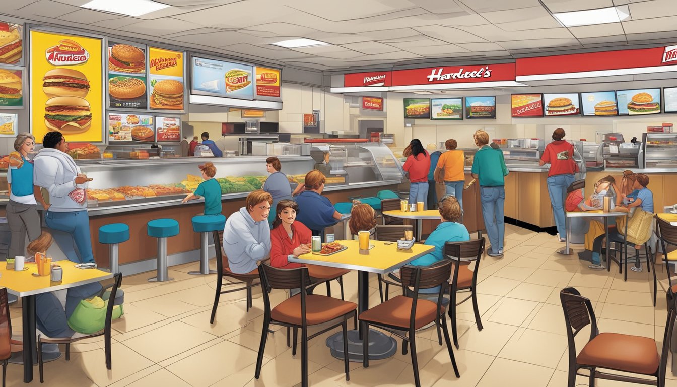 The scene shows a bustling morning at a Hardee's restaurant, with customers enjoying a variety of breakfast items. The atmosphere is lively and inviting, with vibrant signage and promotional materials highlighting the brand's marketing strategies