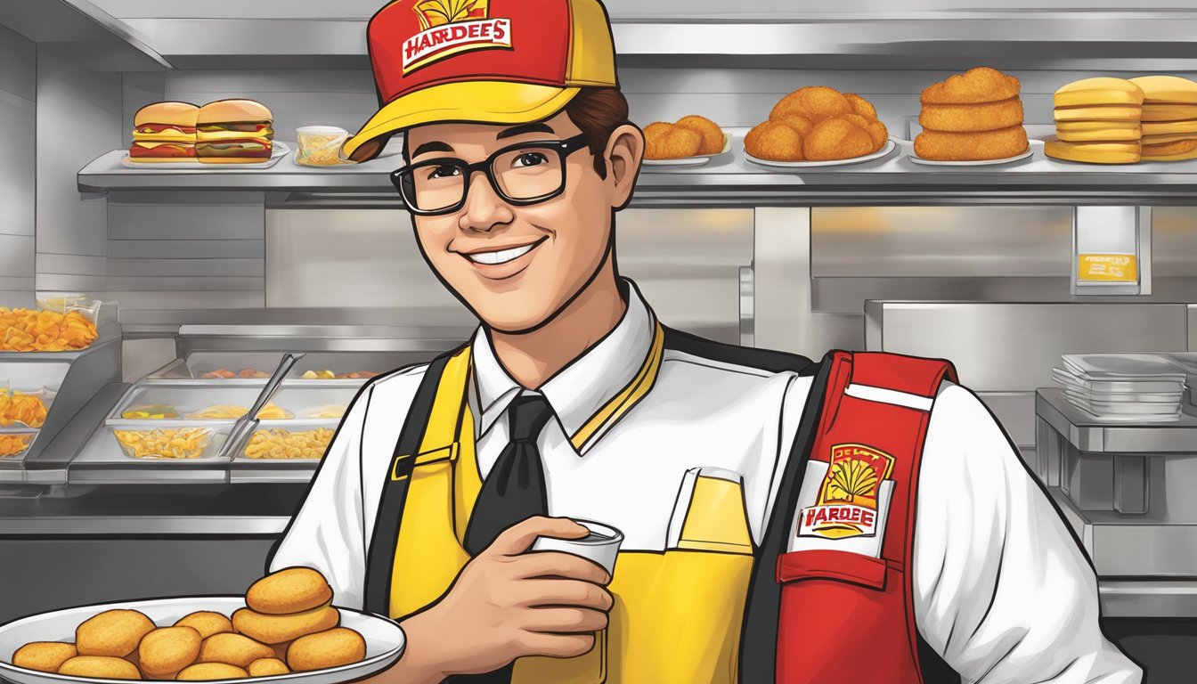 A Hardee's employee confidently wears the breakfast uniform, featuring the iconic red and yellow colors with the company logo prominently displayed