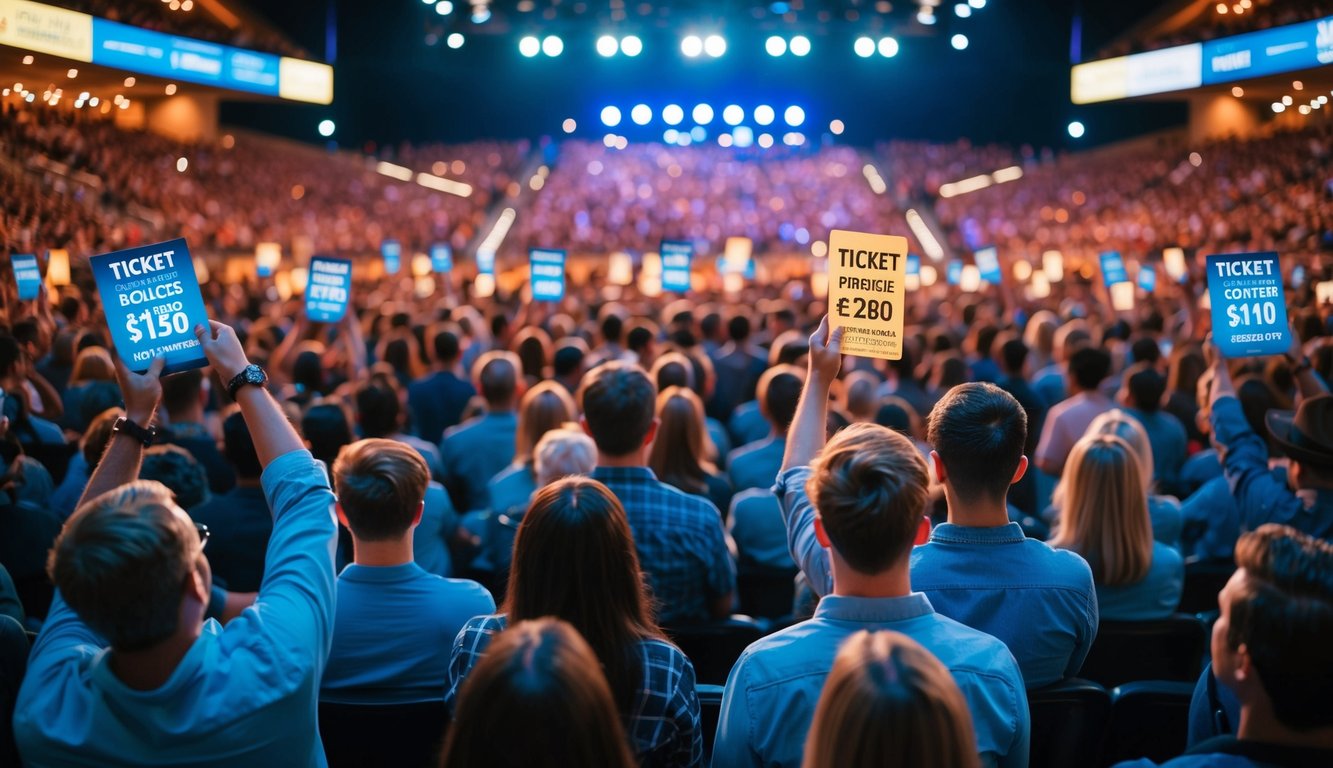 A crowded concert venue with ticket sellers and buyers, displaying various pricing strategies and hidden costs