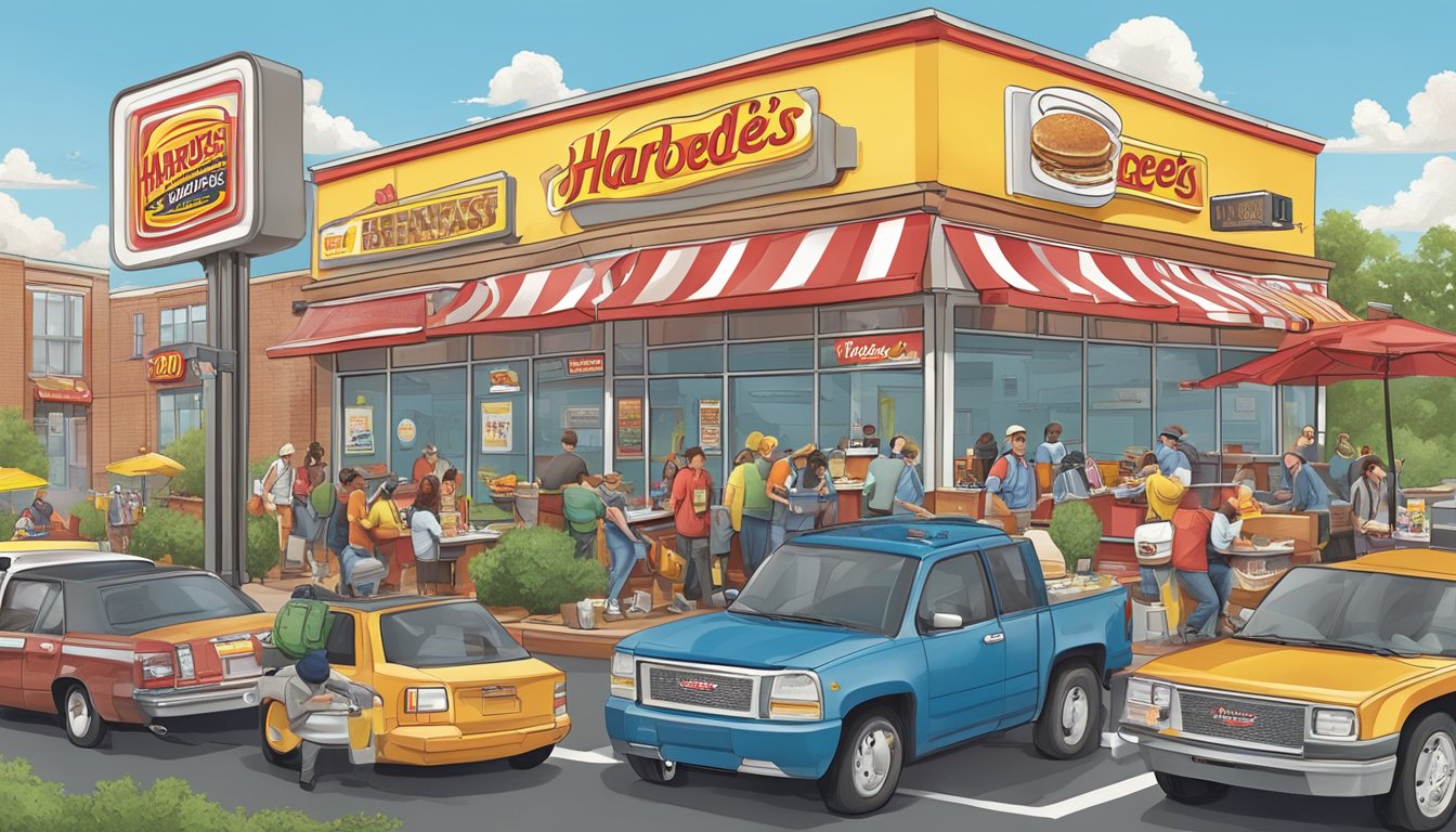 A bustling morning scene at Hardee's with iconic breakfast items featured prominently, surrounded by references to popular culture and media