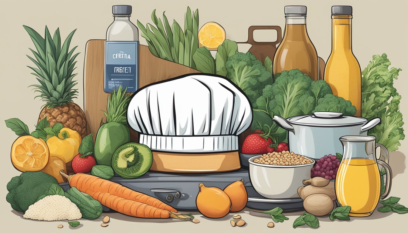 A chef's hat and apron surrounded by fresh breakfast ingredients and a nutrition label