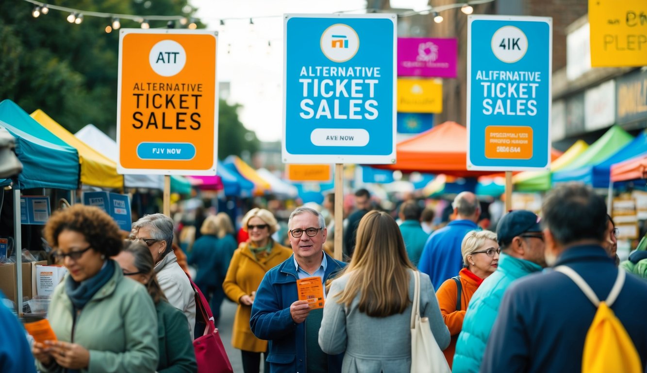 A bustling outdoor market with vendors selling tickets and colorful signs advertising alternative ticket sales platforms