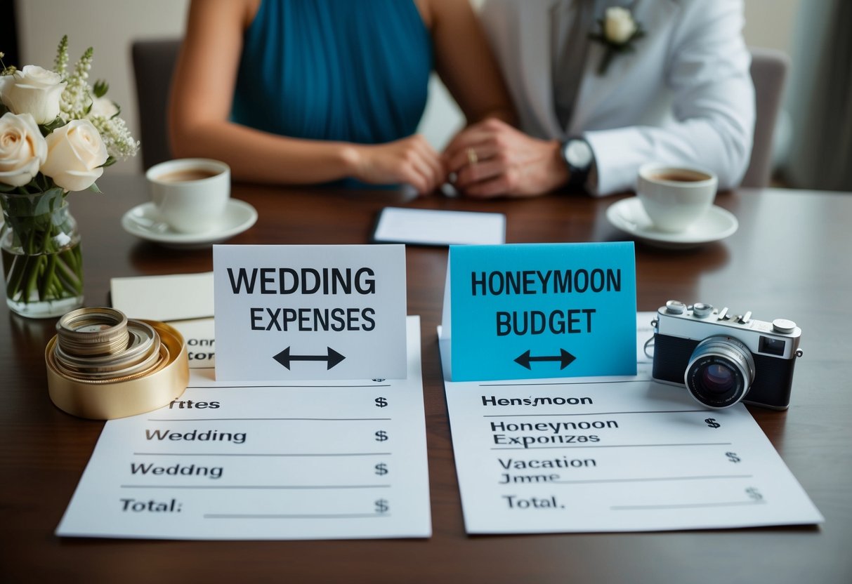 A couple's wedding expenses and honeymoon budget are shown on a table, with wedding-related items on one side and vacation-related items on the other