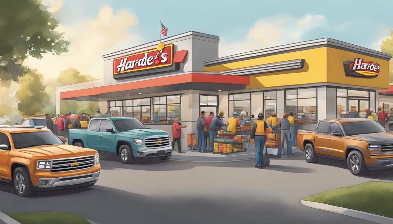 A bustling Hardee's breakfast drive-thru with cars lined up, customers receiving their orders, and workers efficiently preparing food