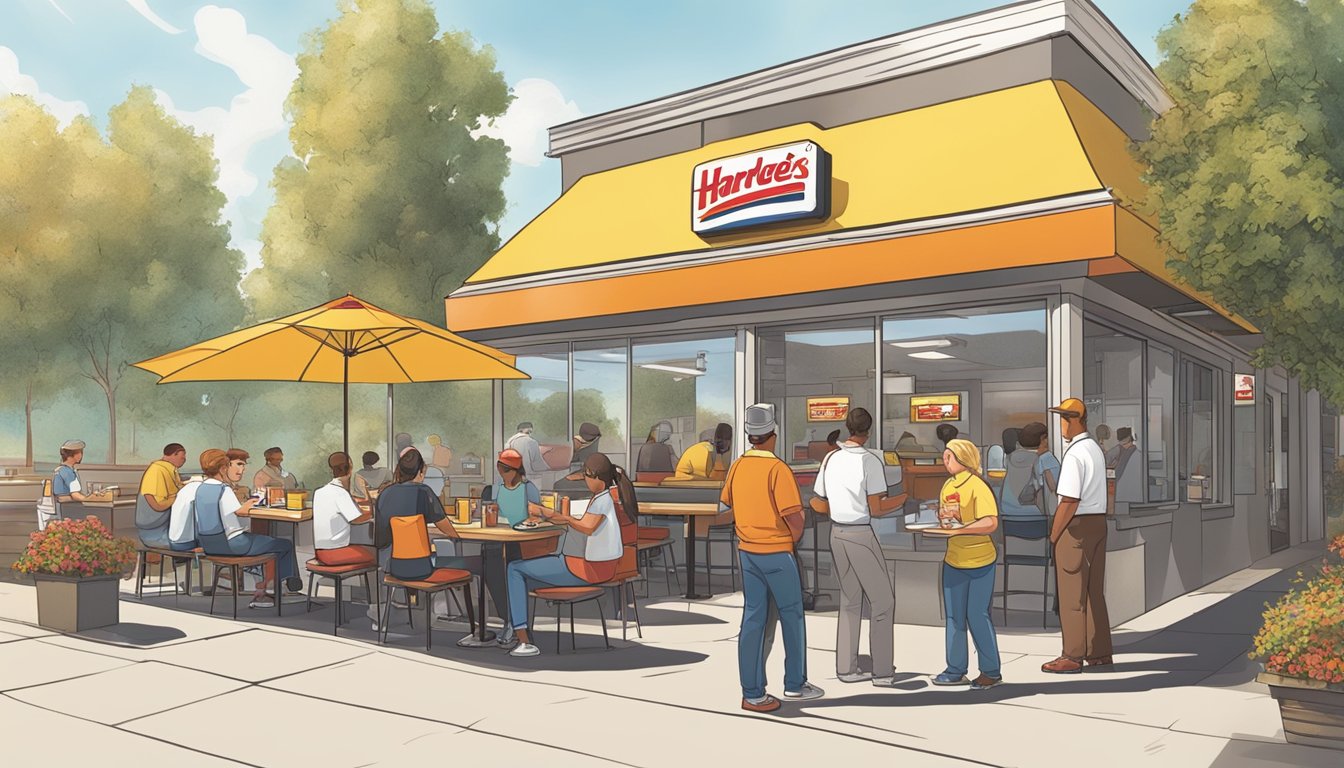 A sunny morning at a Hardee's restaurant, with a line of customers in casual attire waiting to order breakfast. Staff members in uniform serve hot food and coffee with a smile