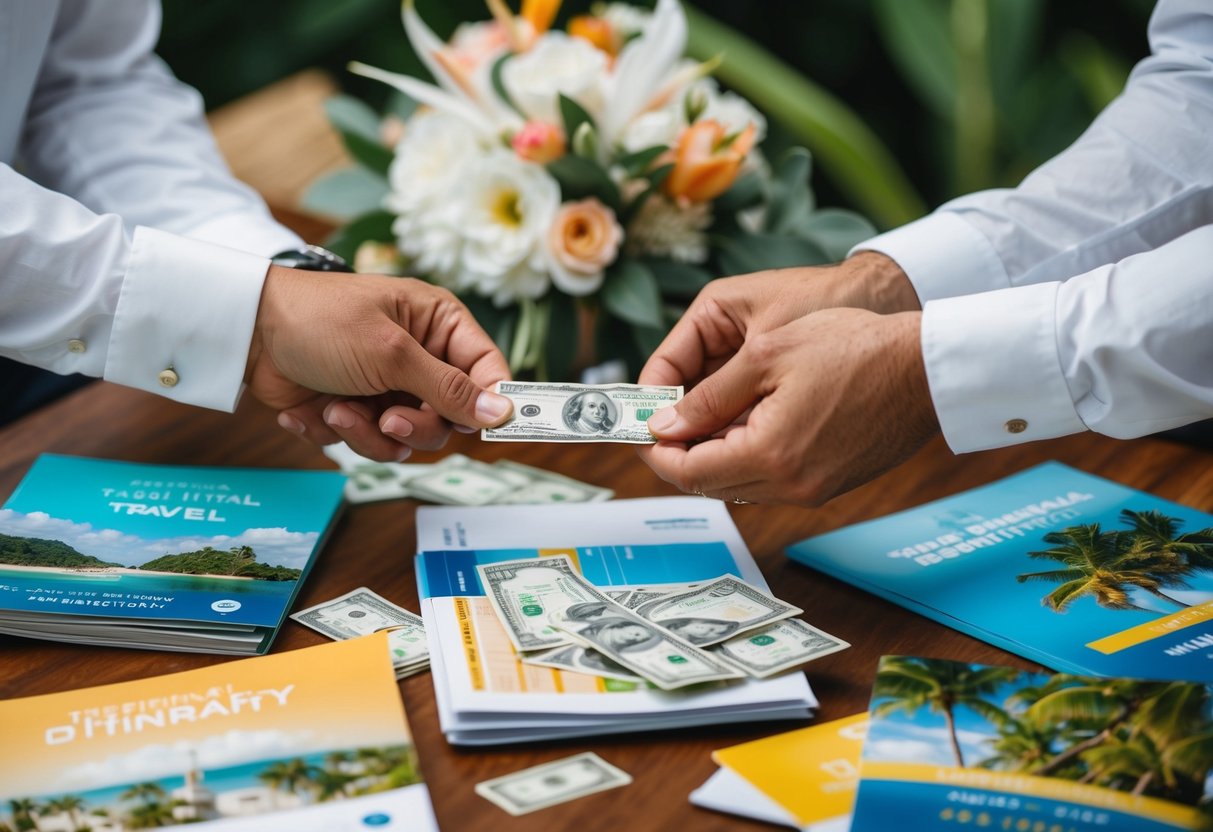 A newlywed couple's hands exchanging money and a travel itinerary, surrounded by tropical destination brochures and wedding mementos