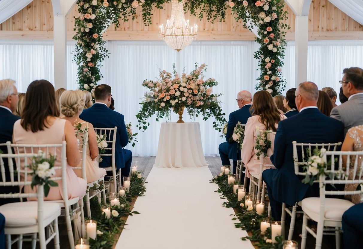 A wedding venue with floral decor, a white aisle, and seating for guests