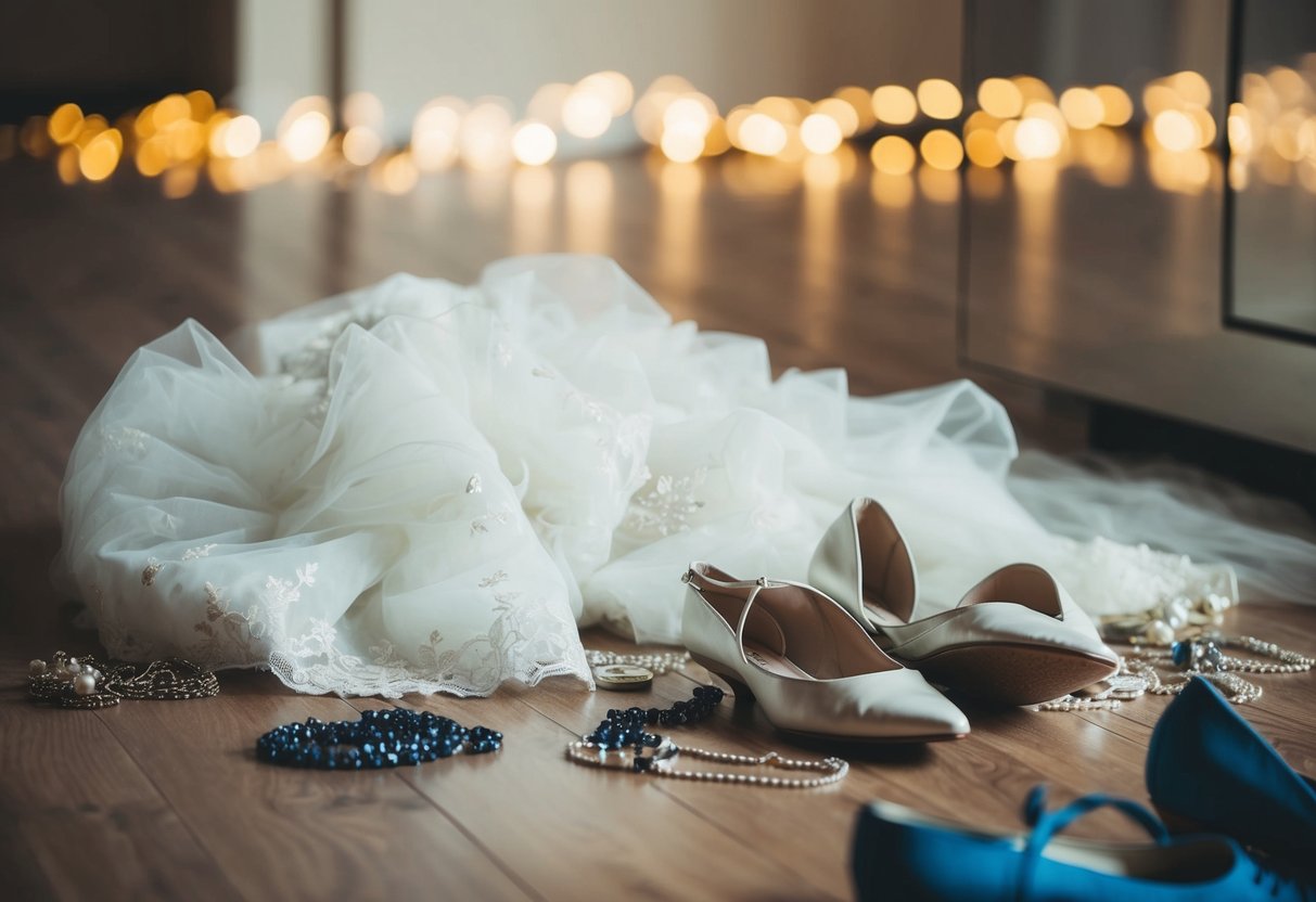 A discarded wedding dress lies crumpled on the floor, surrounded by scattered jewelry and discarded shoes