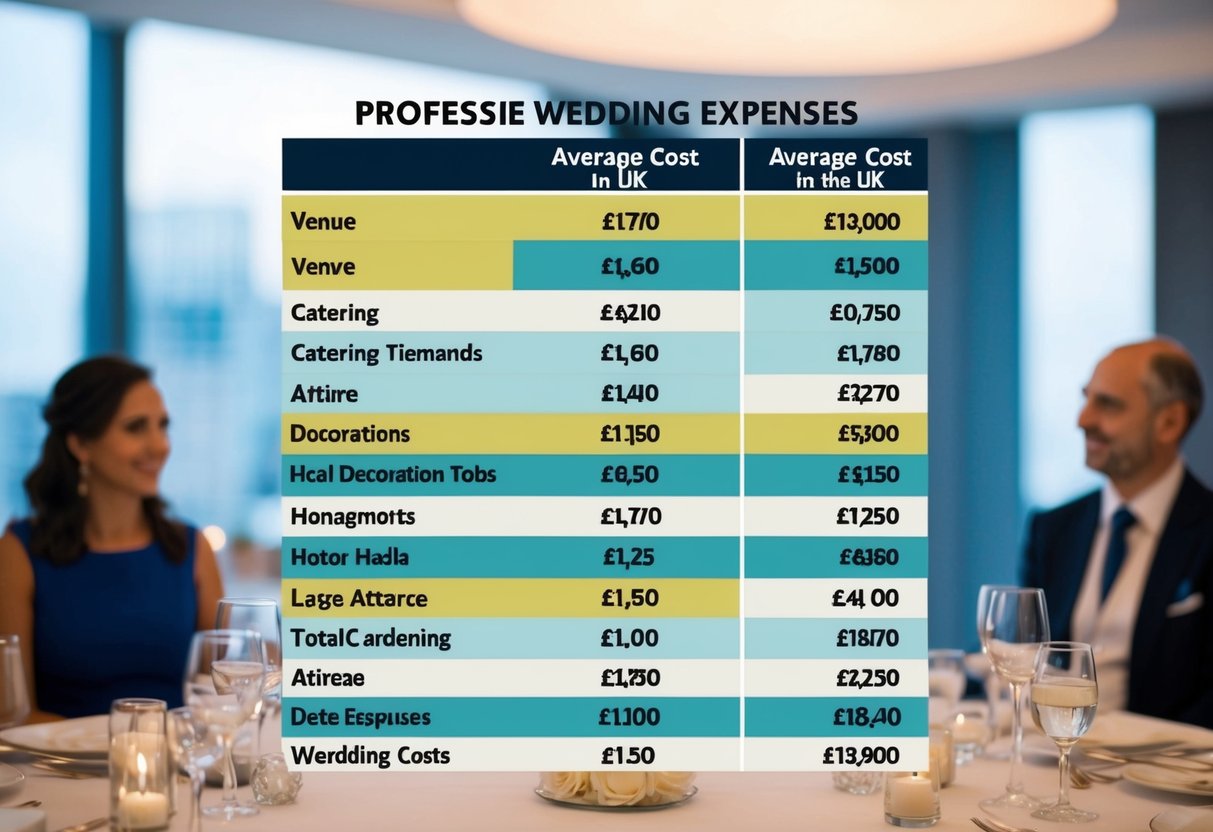 A table with columns showing various wedding expenses, such as venue, catering, attire, and decorations, with corresponding average costs in the UK