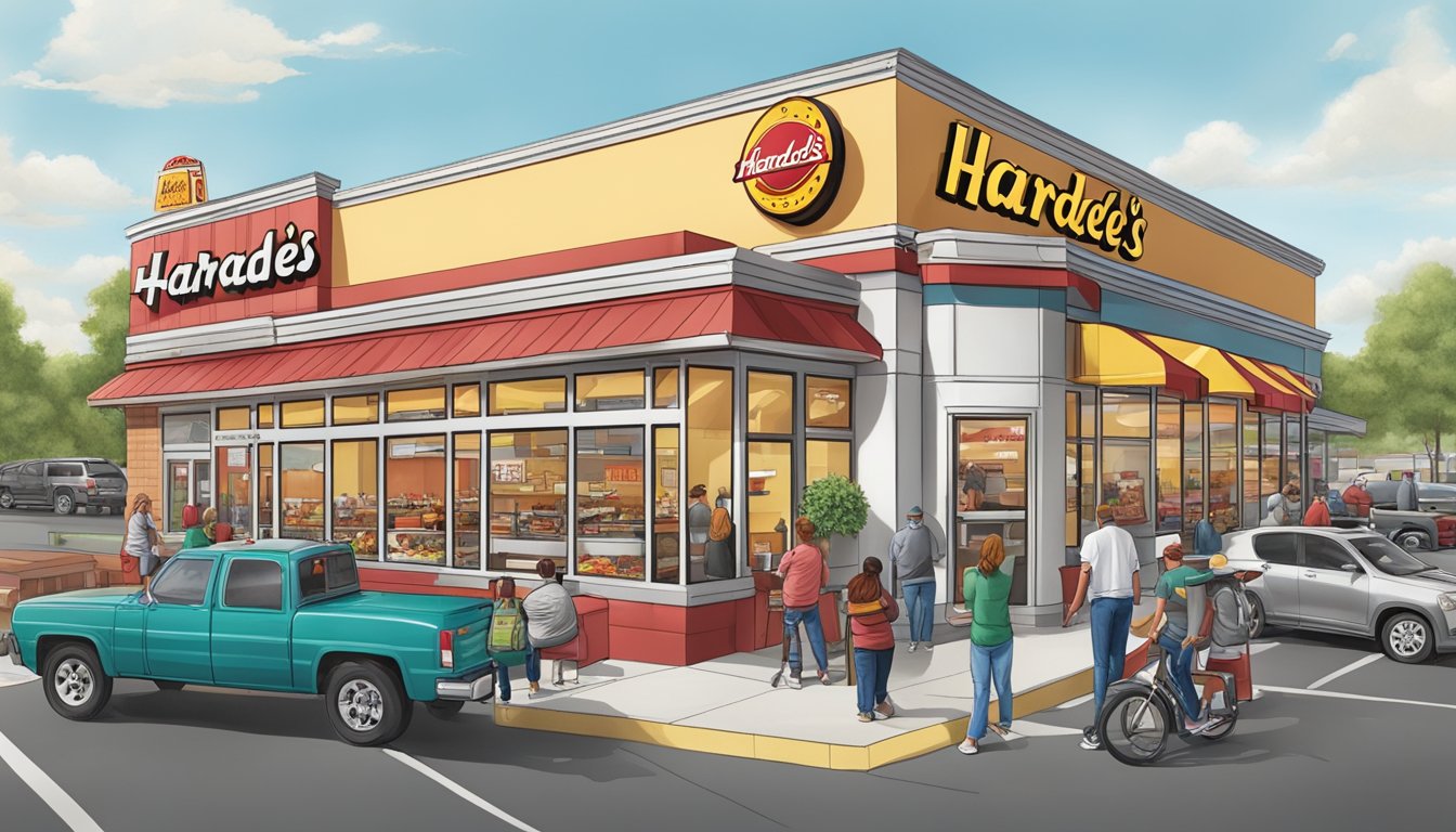 A bustling Hardee's restaurant with a drive-thru line and customers dining inside, surrounded by local businesses