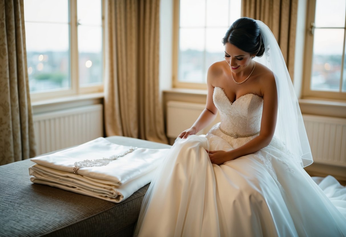A bride's elegant wedding dress is carefully folded and set aside, replaced by a flowing, comfortable gown for the rest of the evening