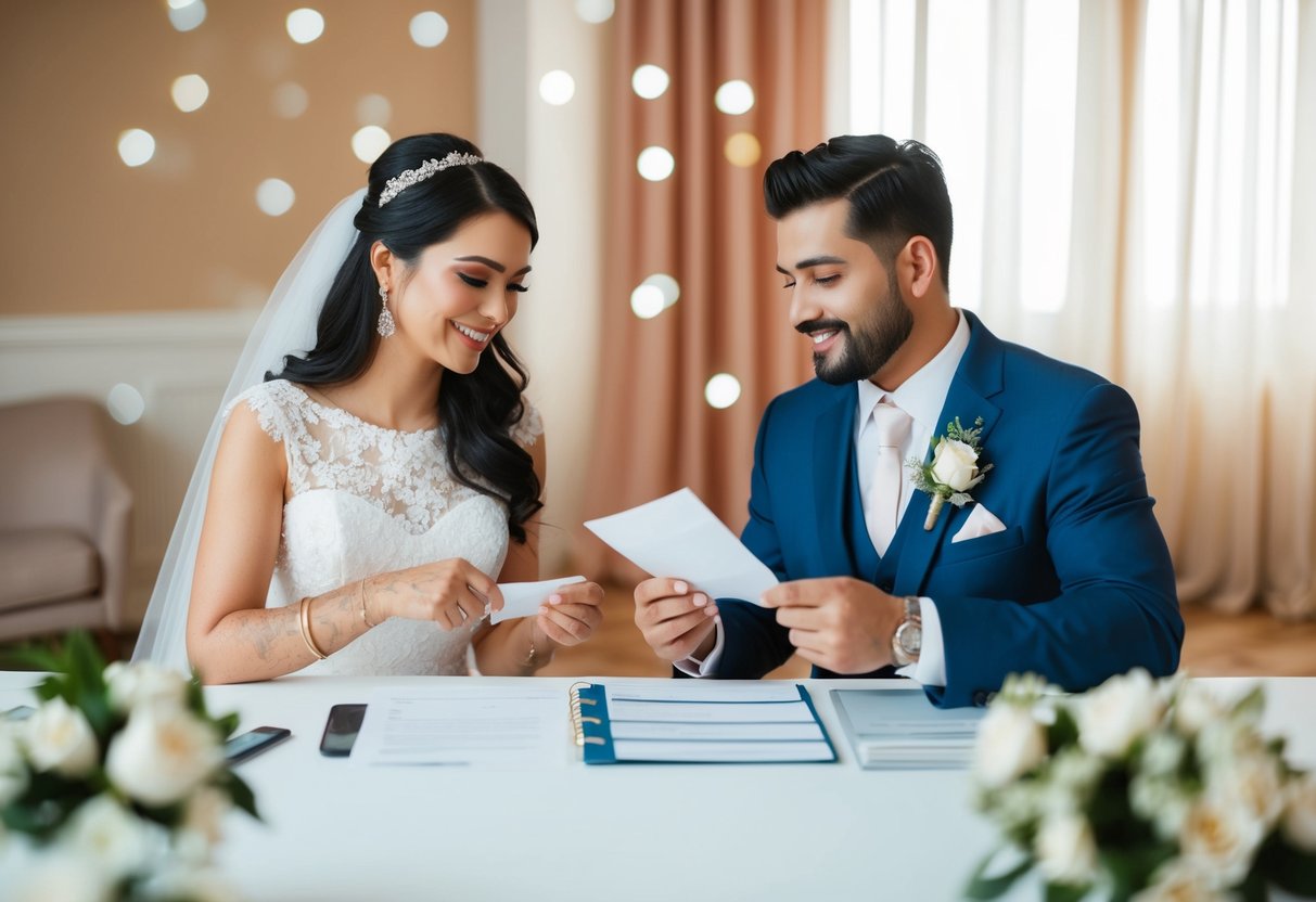 A couple and a wedding planner dividing expenses for a wedding
