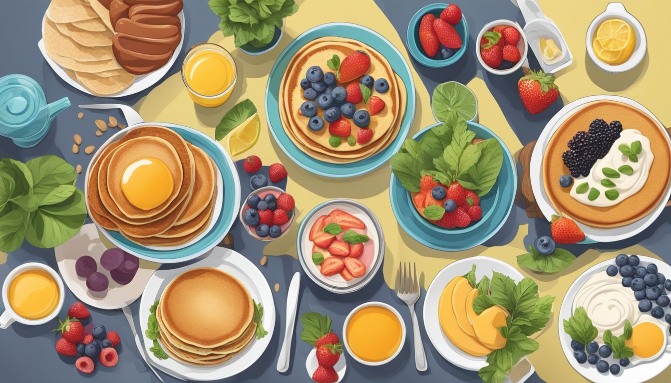 A colorful breakfast spread with an array of vegetarian options, including pancakes, fruit, yogurt, and plant-based sausages