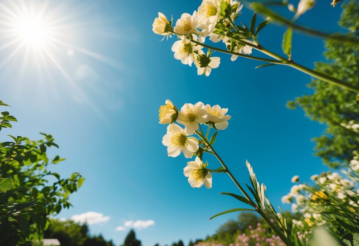A sunny outdoor wedding with blooming flowers and a clear blue sky, surrounded by lush greenery and a gentle breeze