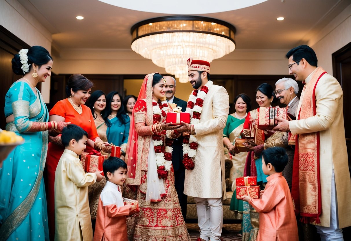 A bride and groom stand surrounded by family, exchanging gifts and traditional attire for pre-wedding events. Family members are seen contributing and helping with the preparations