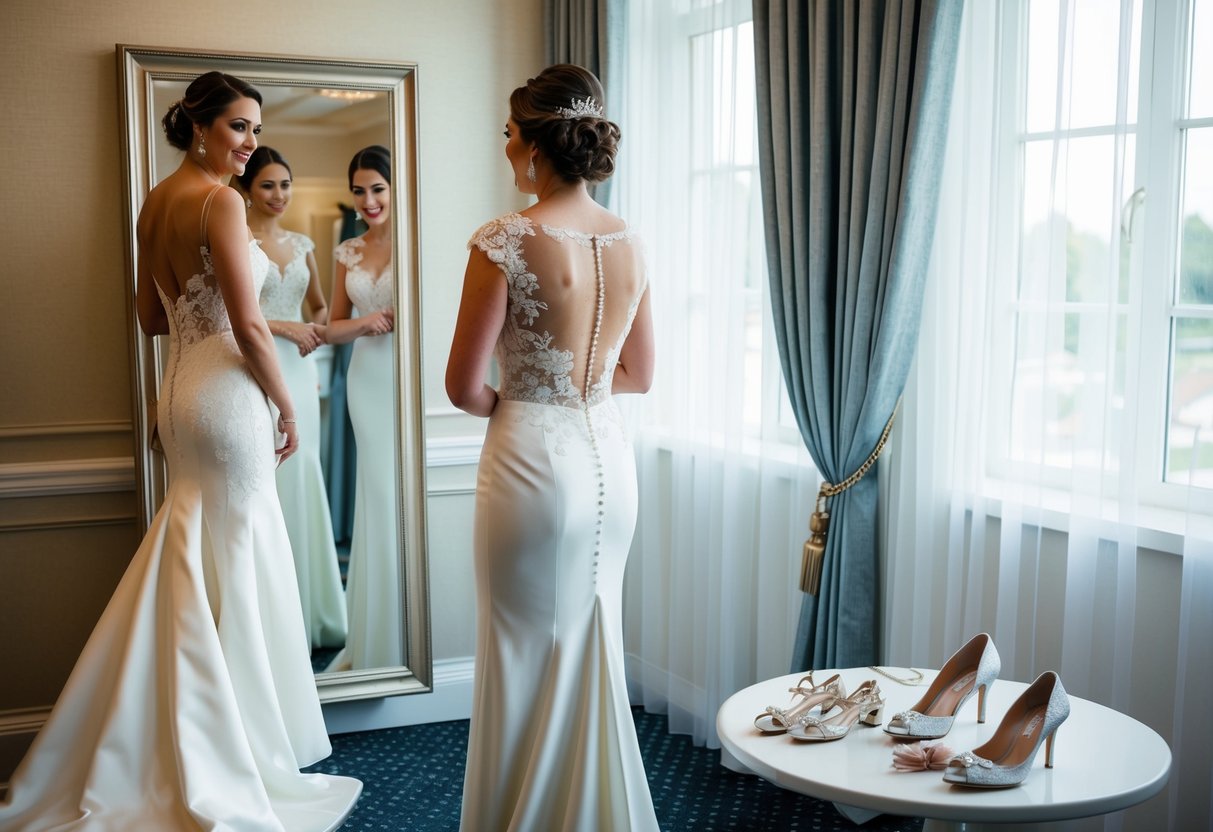 A bride stands in front of a full-length mirror, swapping her elegant wedding gown for a chic reception dress. Accessories and shoes are laid out on a nearby table